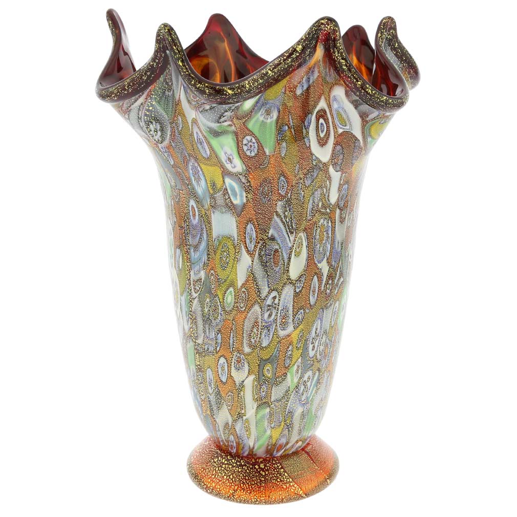 Murano Millefiori Gold Art Glass Fazzoletto Vase - Red