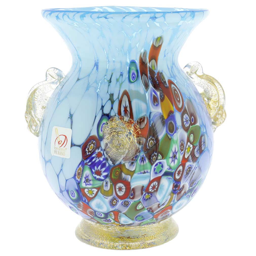 Murano Glass Millefiori Urn Vase With Lion Heads - Aqua