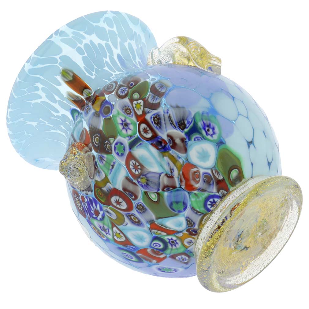 Murano Glass Millefiori Urn Vase With Lion Heads - Aqua