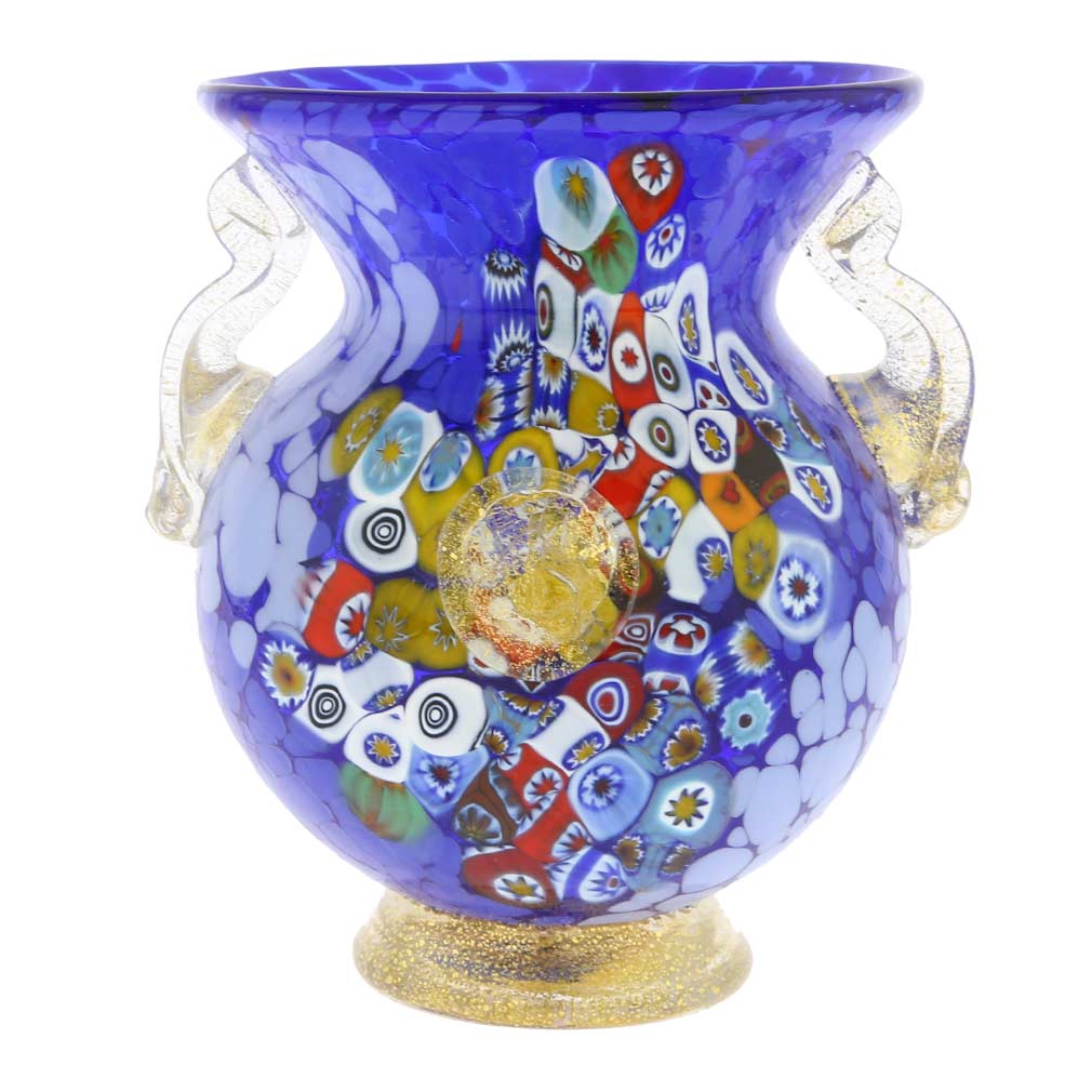 Murano Glass Millefiori Urn Vase With Lion Heads - Blue