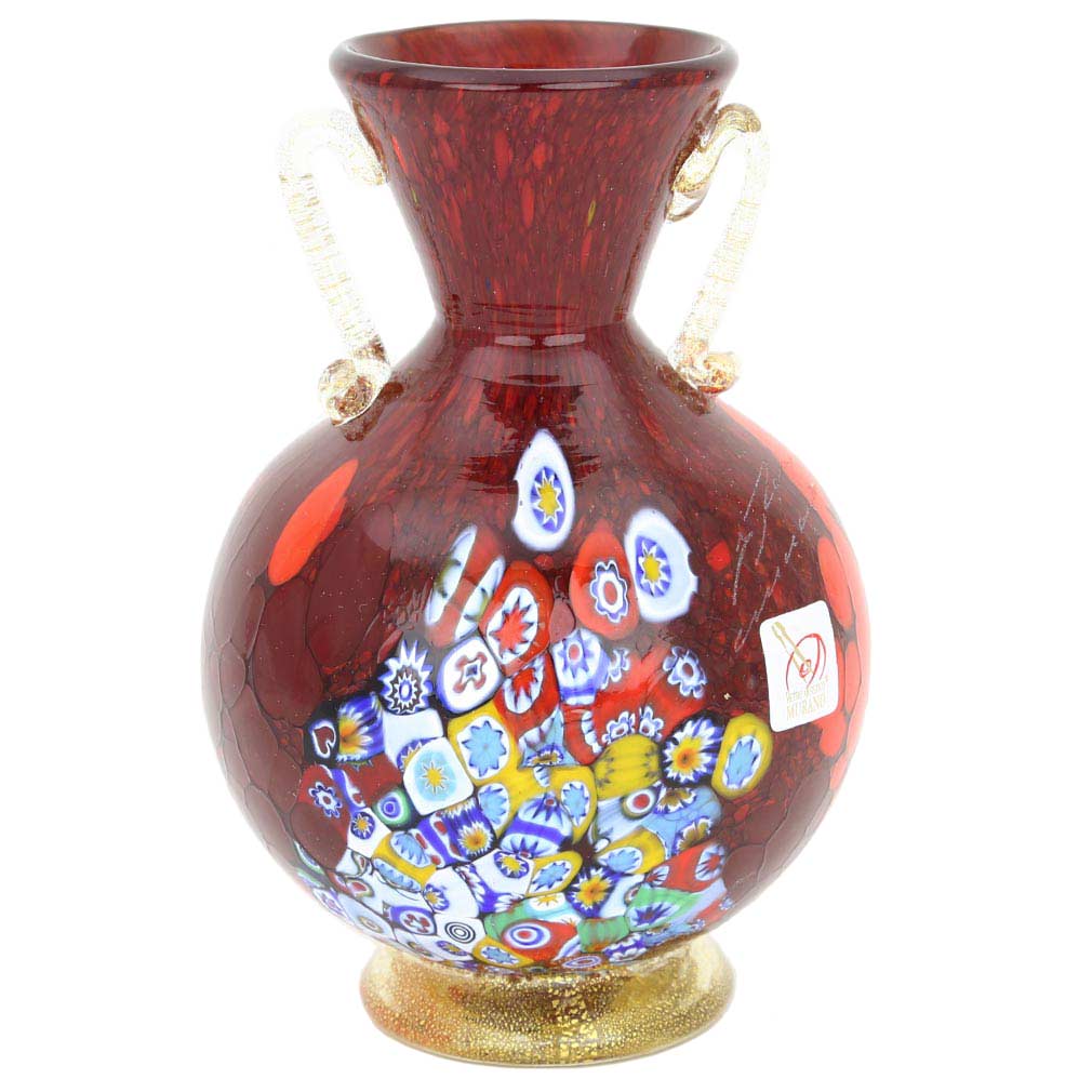 Murano Art Glass Millefiori Vase With Golden Handles - Red