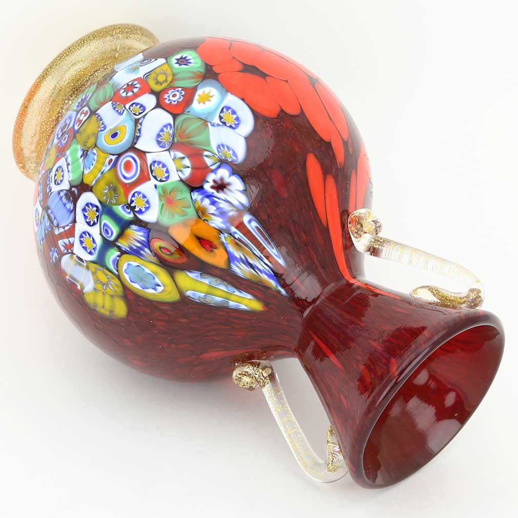 Murano Art Glass Millefiori Vase With Golden Handles - Red