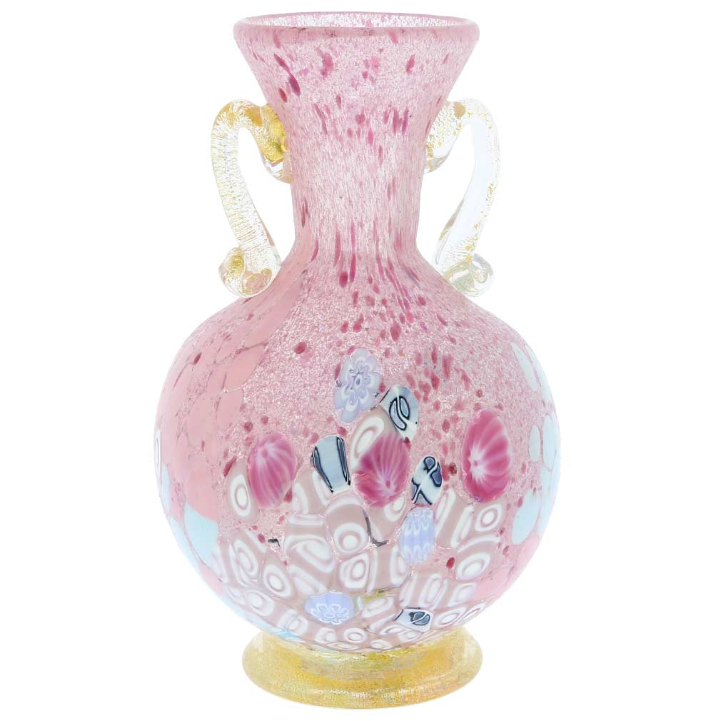 Murano Art Glass Millefiori Vase With Golden Handles - Rose