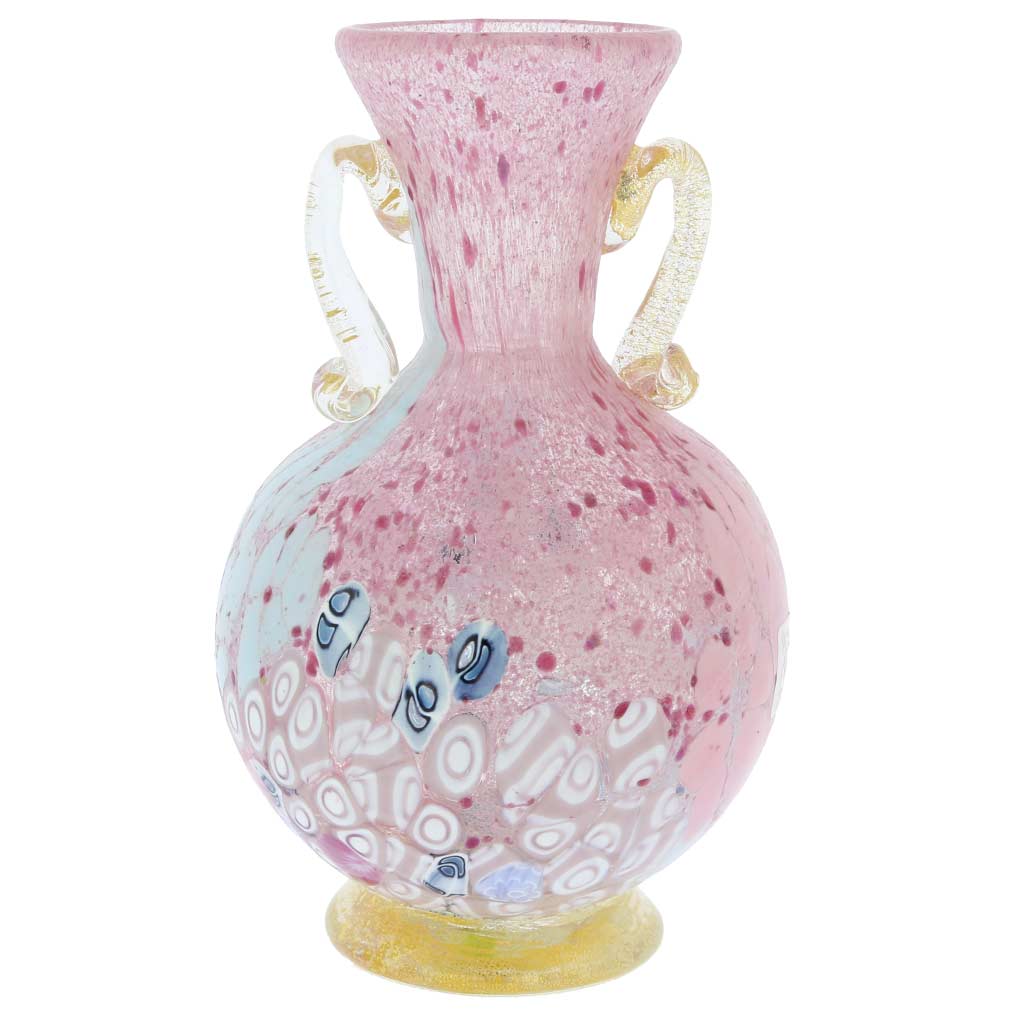 Murano Art Glass Millefiori Vase With Golden Handles - Rose