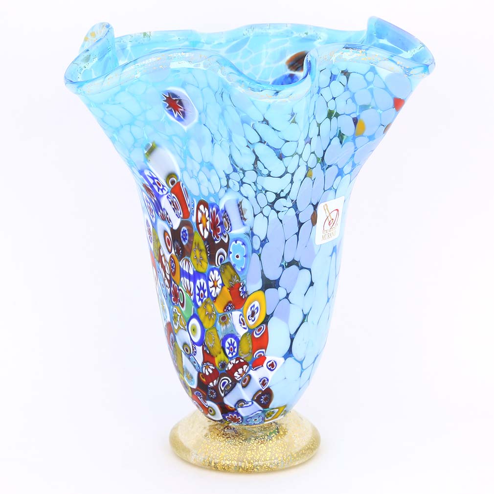 Murano Millefiori Art Glass Fazzoletto Vase - Aqua