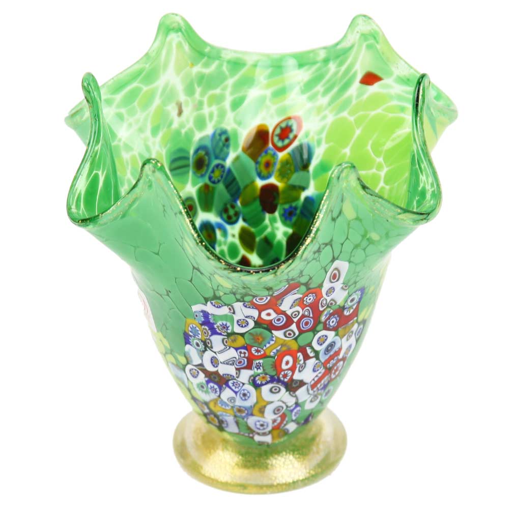 Murano Millefiori Art Glass Fazzoletto Vase - Lime Green
