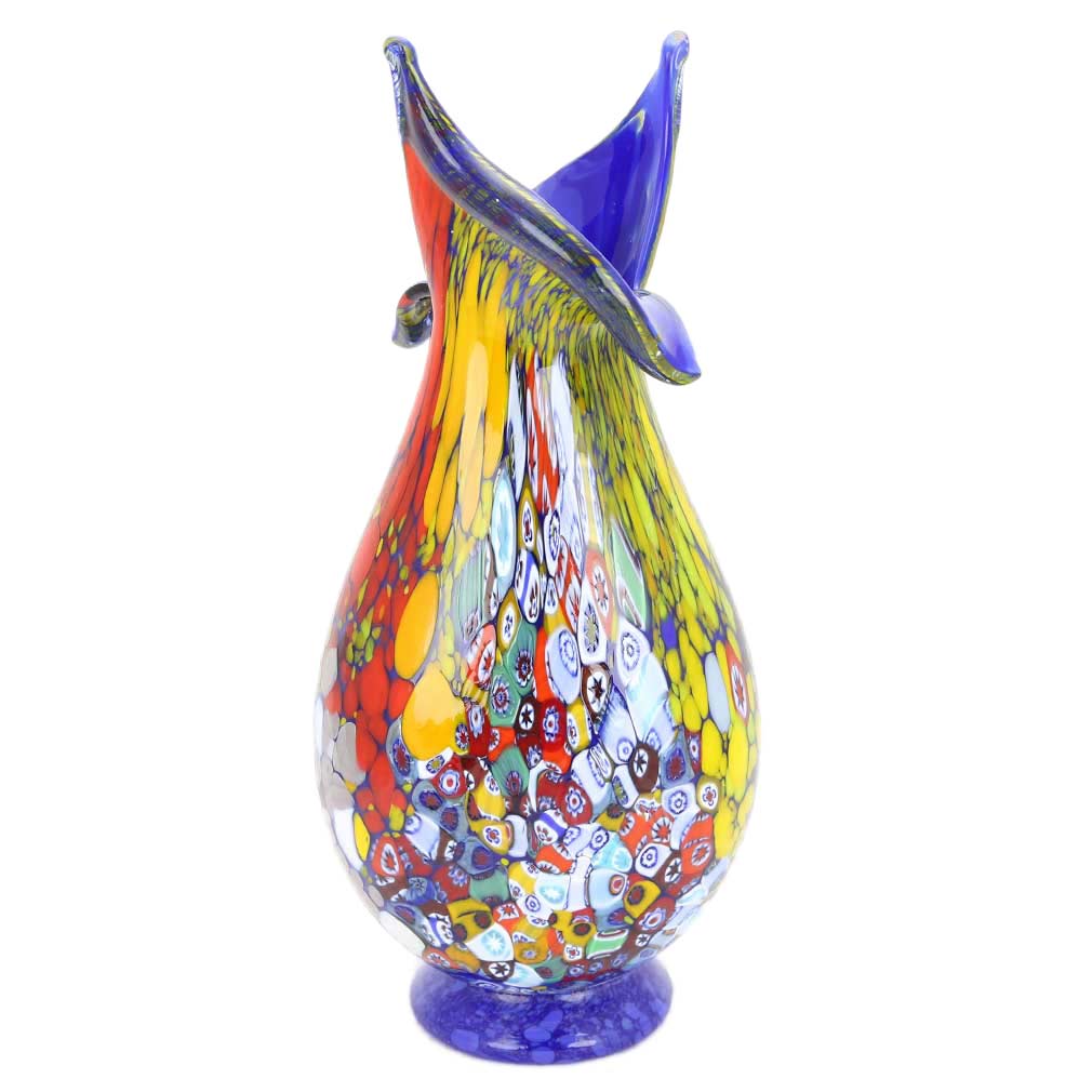 Murano Millefiori Art Glass Blooming Flower Vase - Cobalt Blue