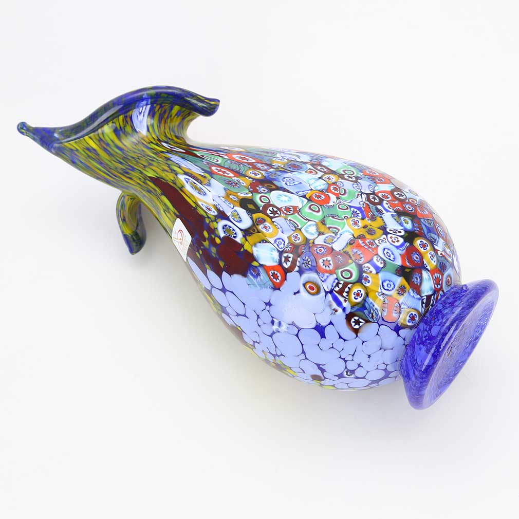 Murano Millefiori Art Glass Blooming Flower Vase - Cobalt Blue