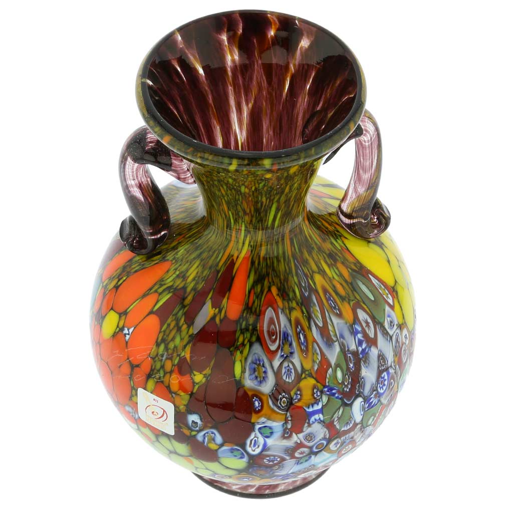 Murano Millefiori Art Glass Vase With Handles - Purple