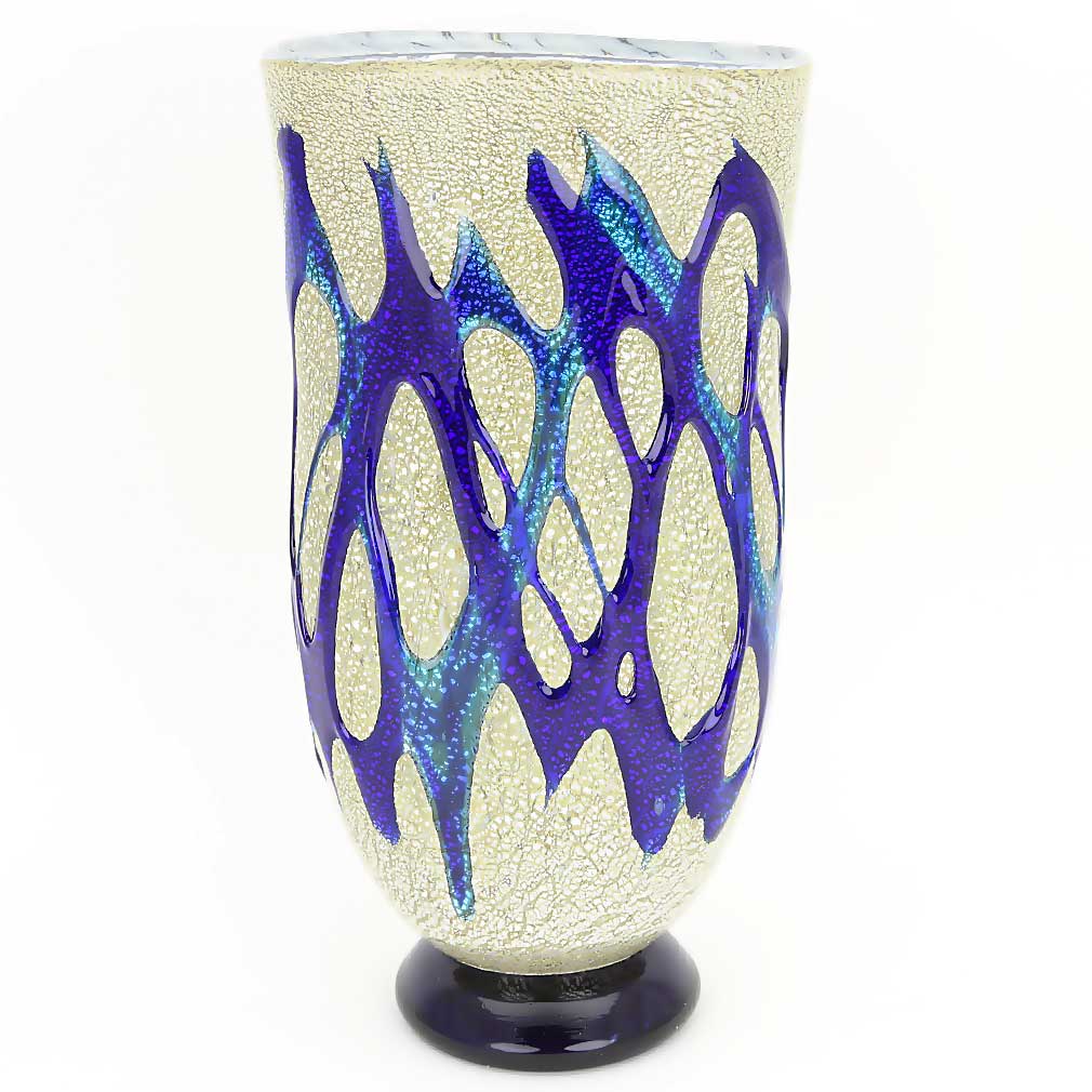 Murano Art Glass Silver Vase - Blue Web