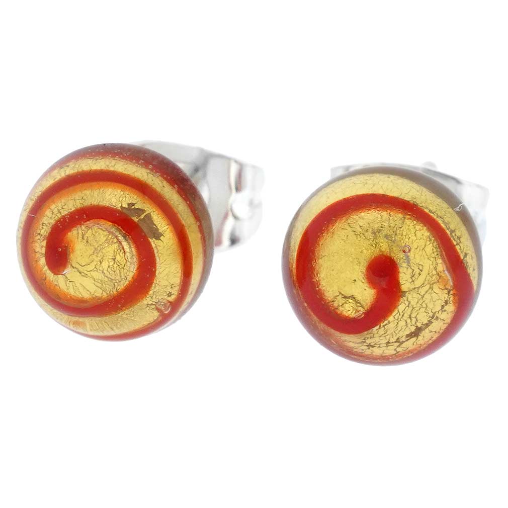 Murano Ball Stud Earrings - Red Swirl