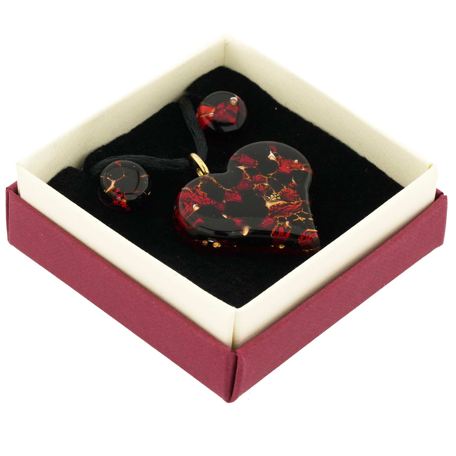 Venetian Reflections Heart Necklace and Earrings Set - Black Red