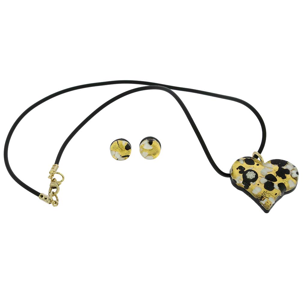 Venetian Reflections Heart Necklace and Earrings Set - Black Gold