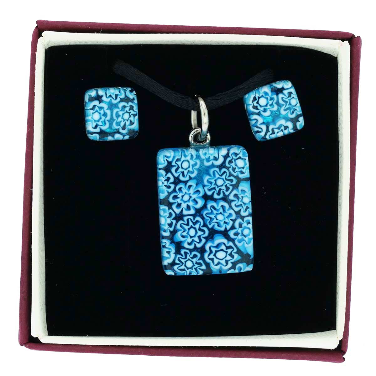 Murano Glass Millefiori Necklace and Earrings Set - Aqua Blue