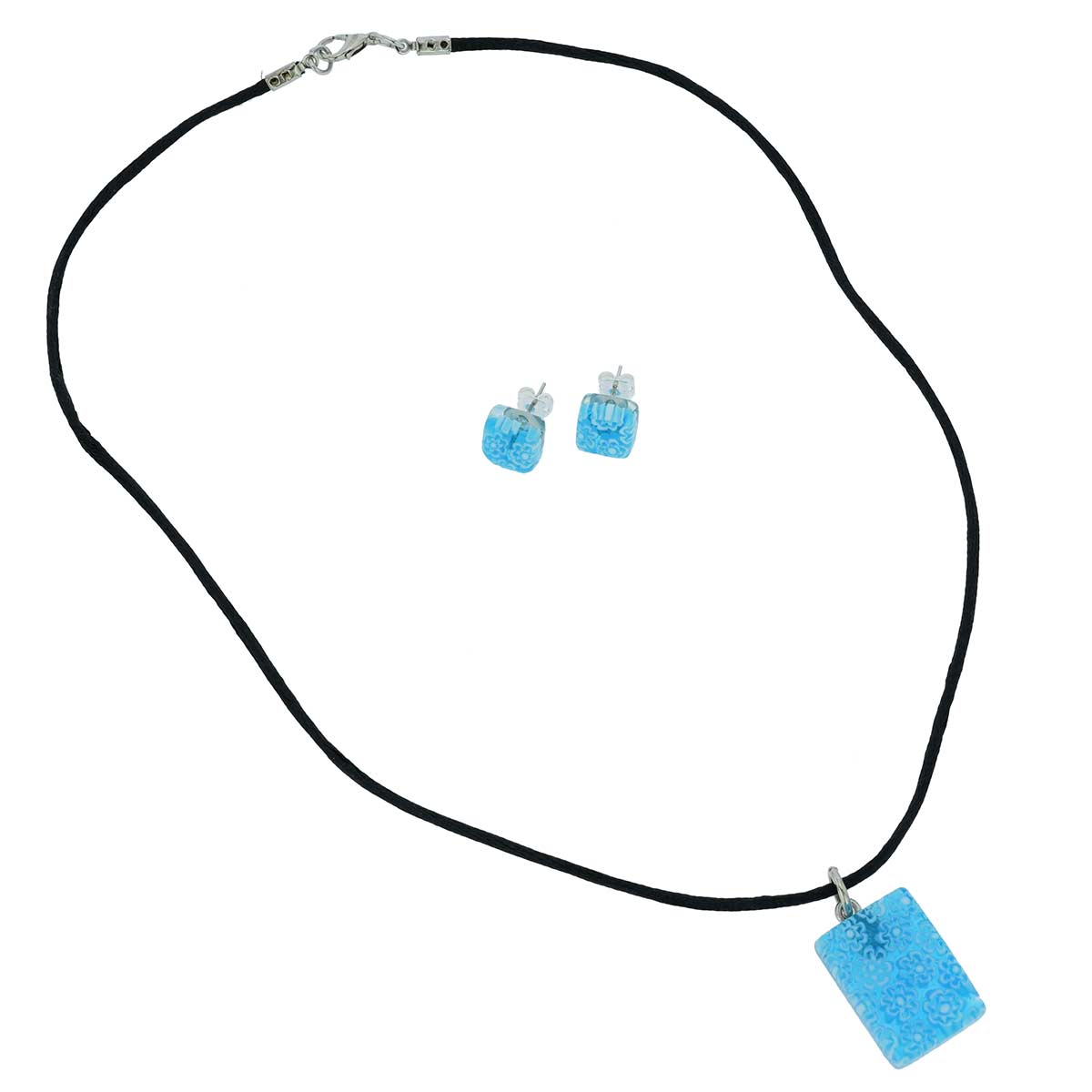 Murano Glass Millefiori Necklace and Earrings Set - Aqua Blue