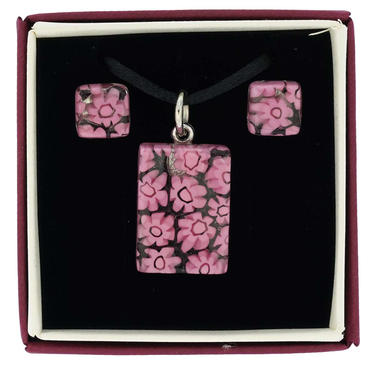 Murano Glass Millefiori Necklace and Earrings Set - Pink