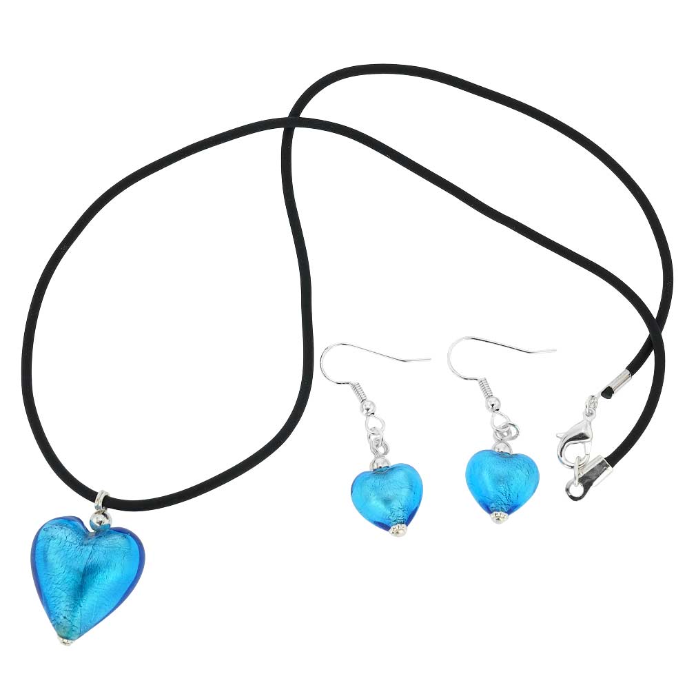 Venetian Reflections Puffed Heart Necklace and Earrings Set - Light Blue