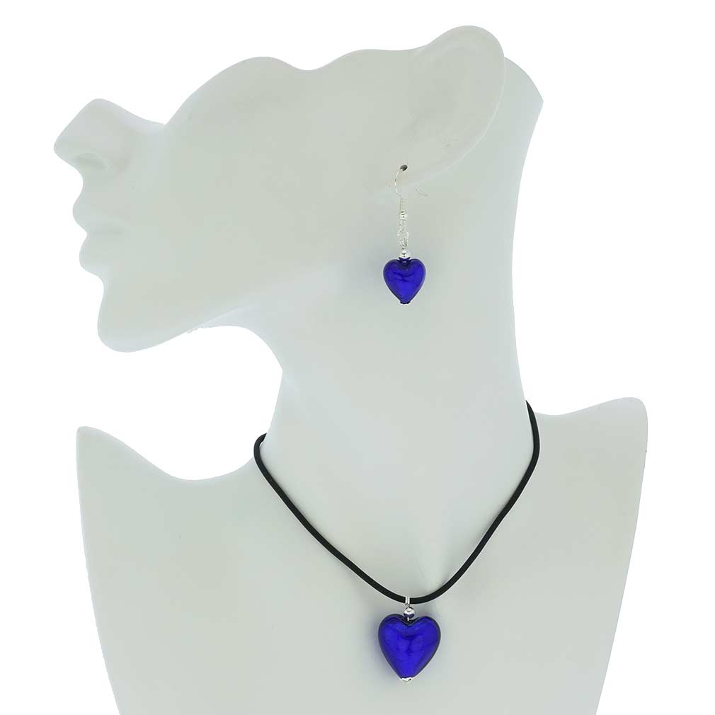 Venetian Reflections Puffed Heart Necklace and Earrings Set - Blue