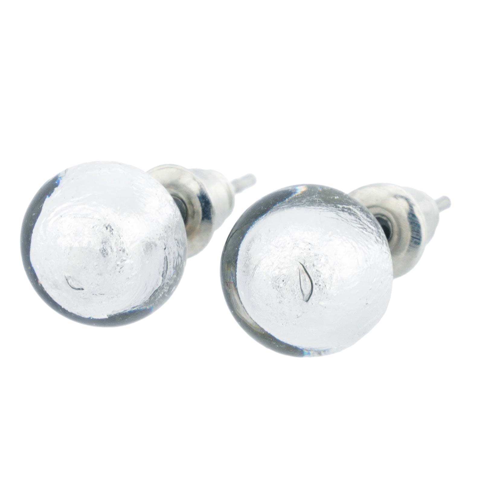 Murano Ball Stud Earrings - Silver White