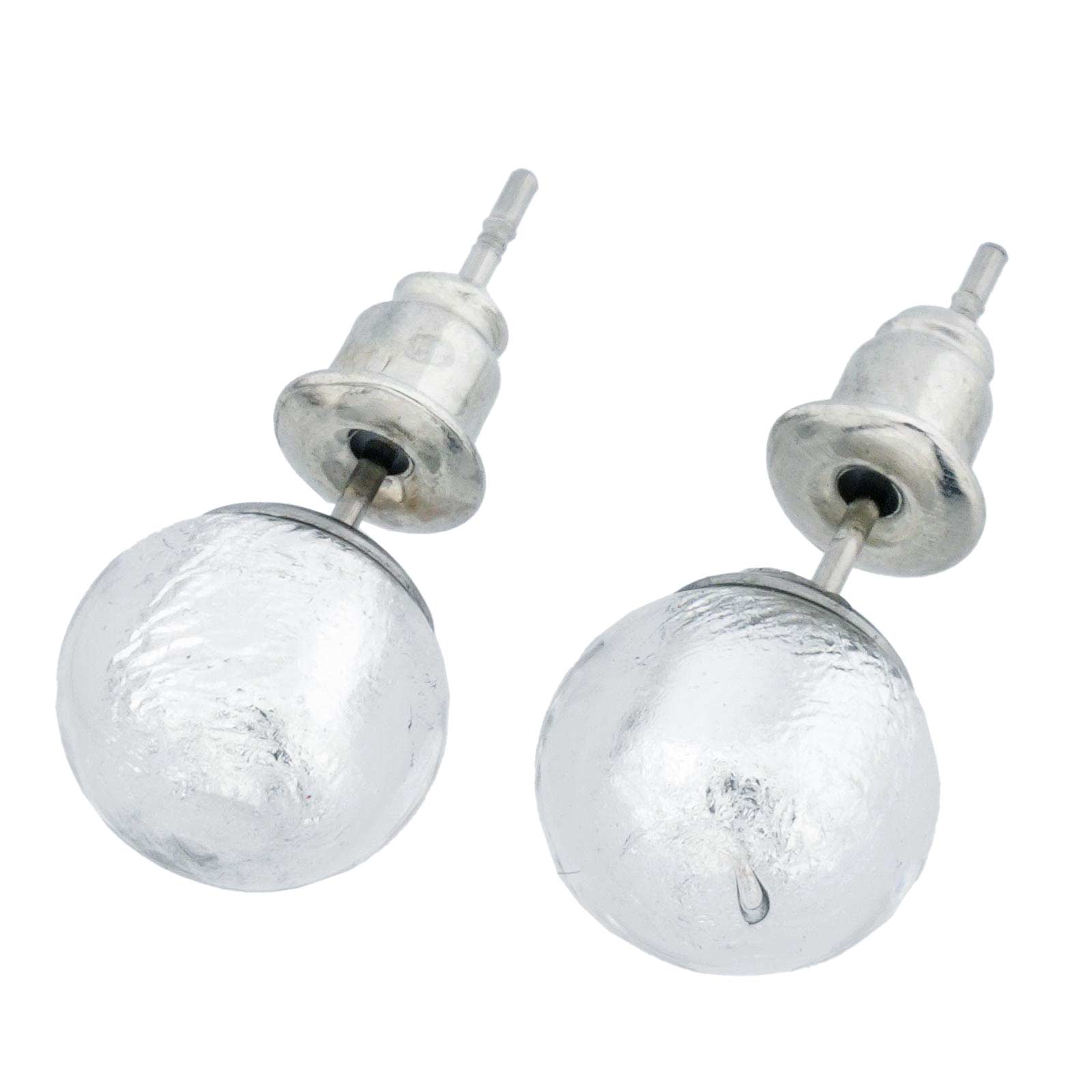 Murano Ball Stud Earrings - Silver White