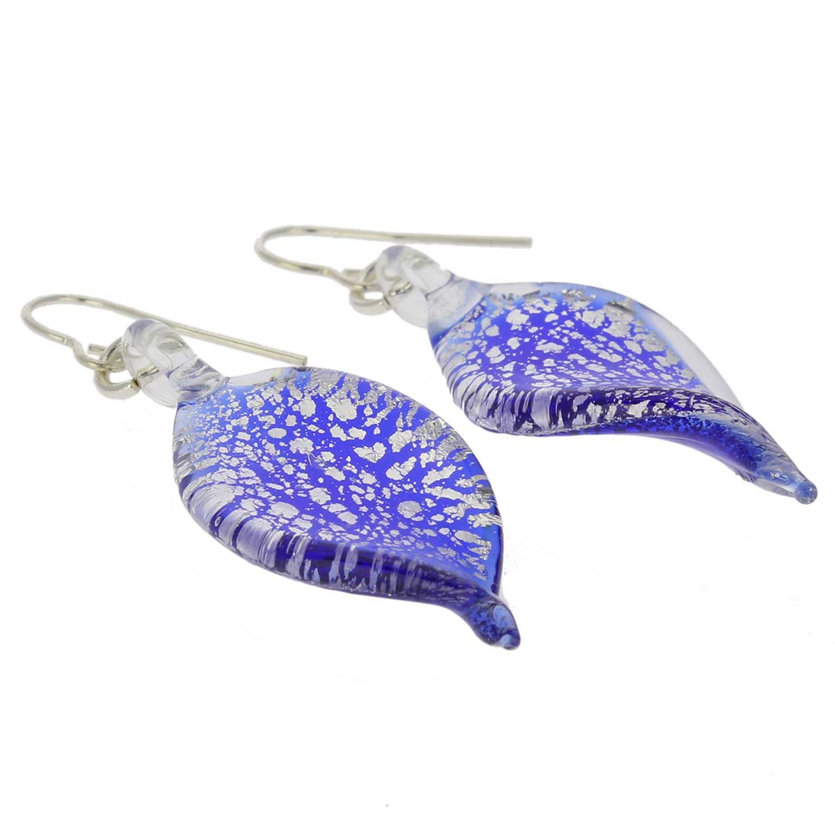 Silver Rain Murano Leaf Earrings - Blue