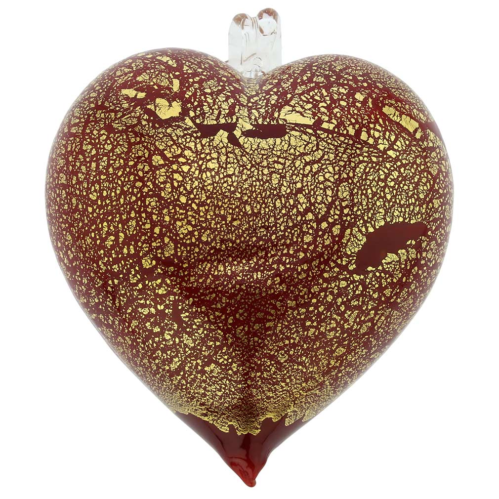 Murano Glass Heart Christmas Ornament - Red Gold