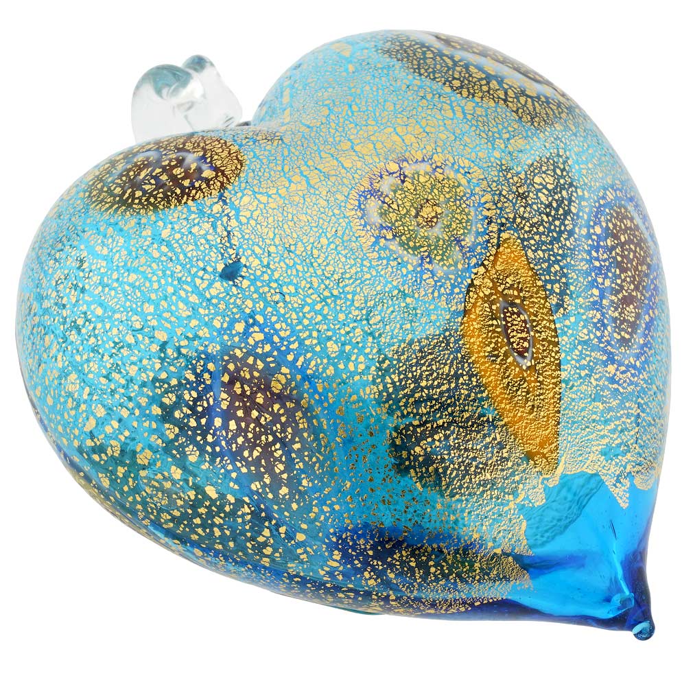 Murano Glass Heart Millefiori Christmas Ornament - Aqua Gold