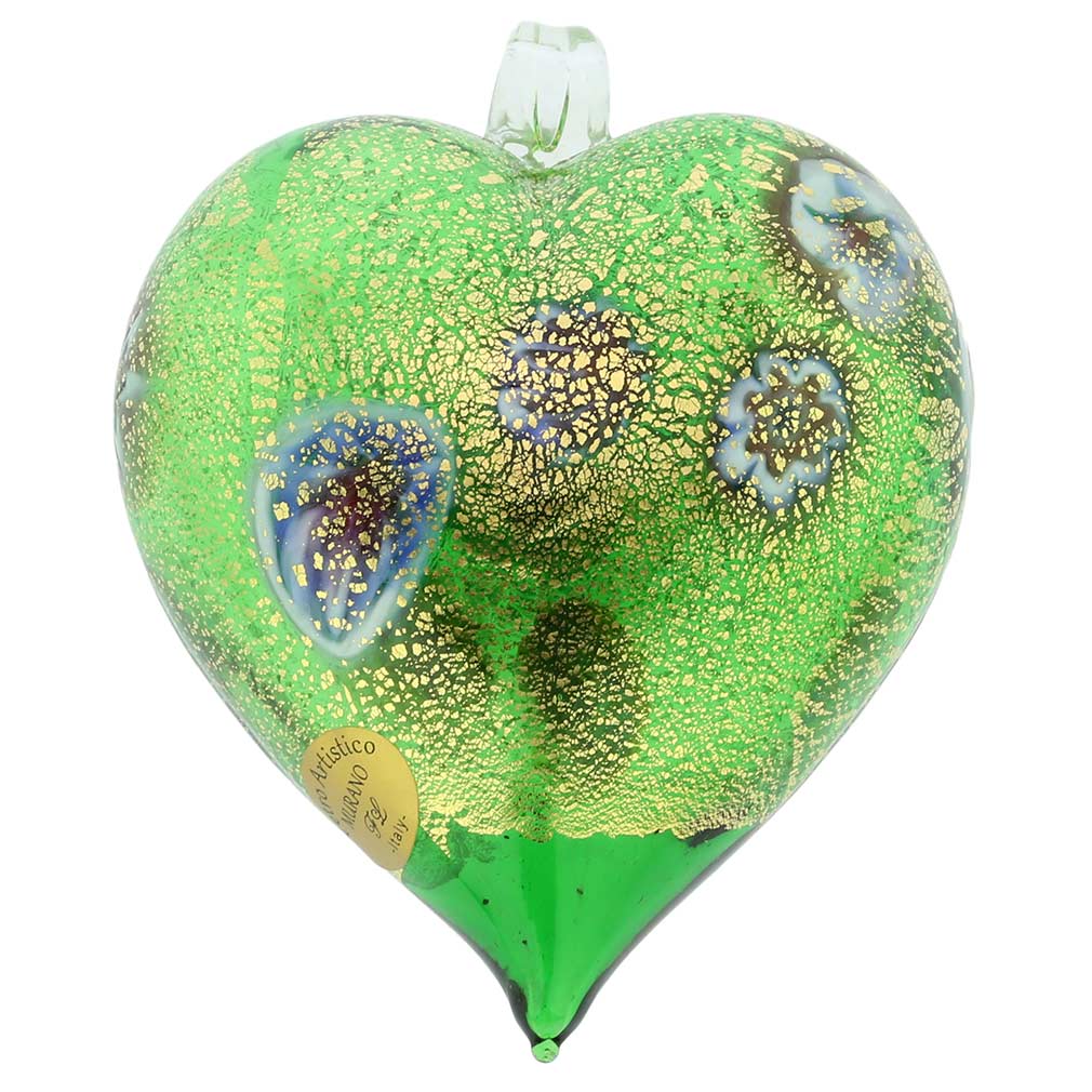 Murano Glass Heart Millefiori Christmas Ornament - Green Gold