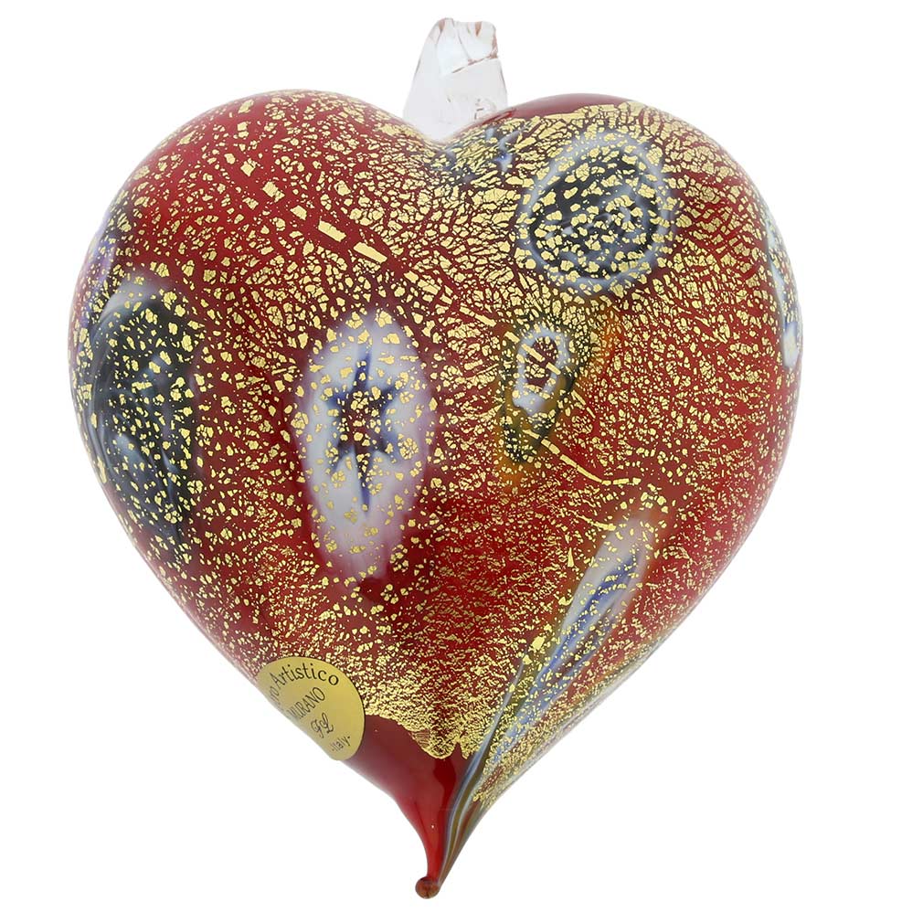 Murano Glass Heart Millefiori Christmas Ornament - Red Gold