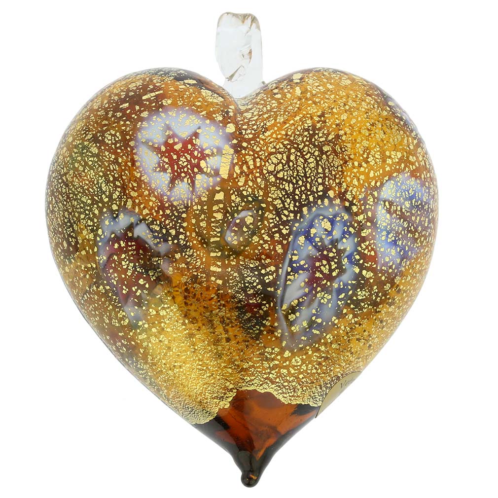Murano Glass Heart Millefiori Christmas Ornament - Topaz Gold
