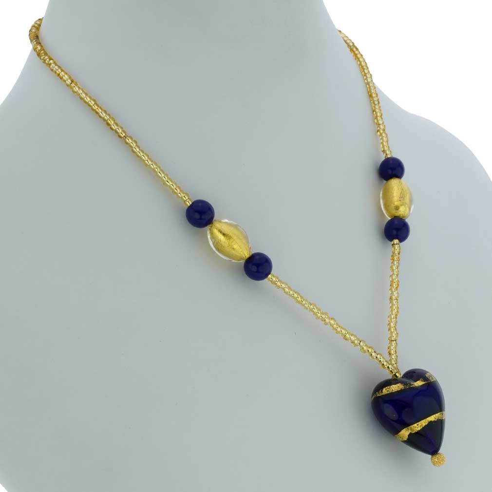 Murano Heart Necklace - Gold and Blue
