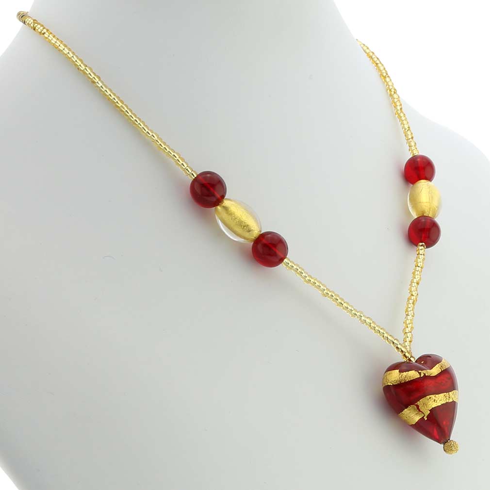 Murano Heart Necklace - Gold and Red