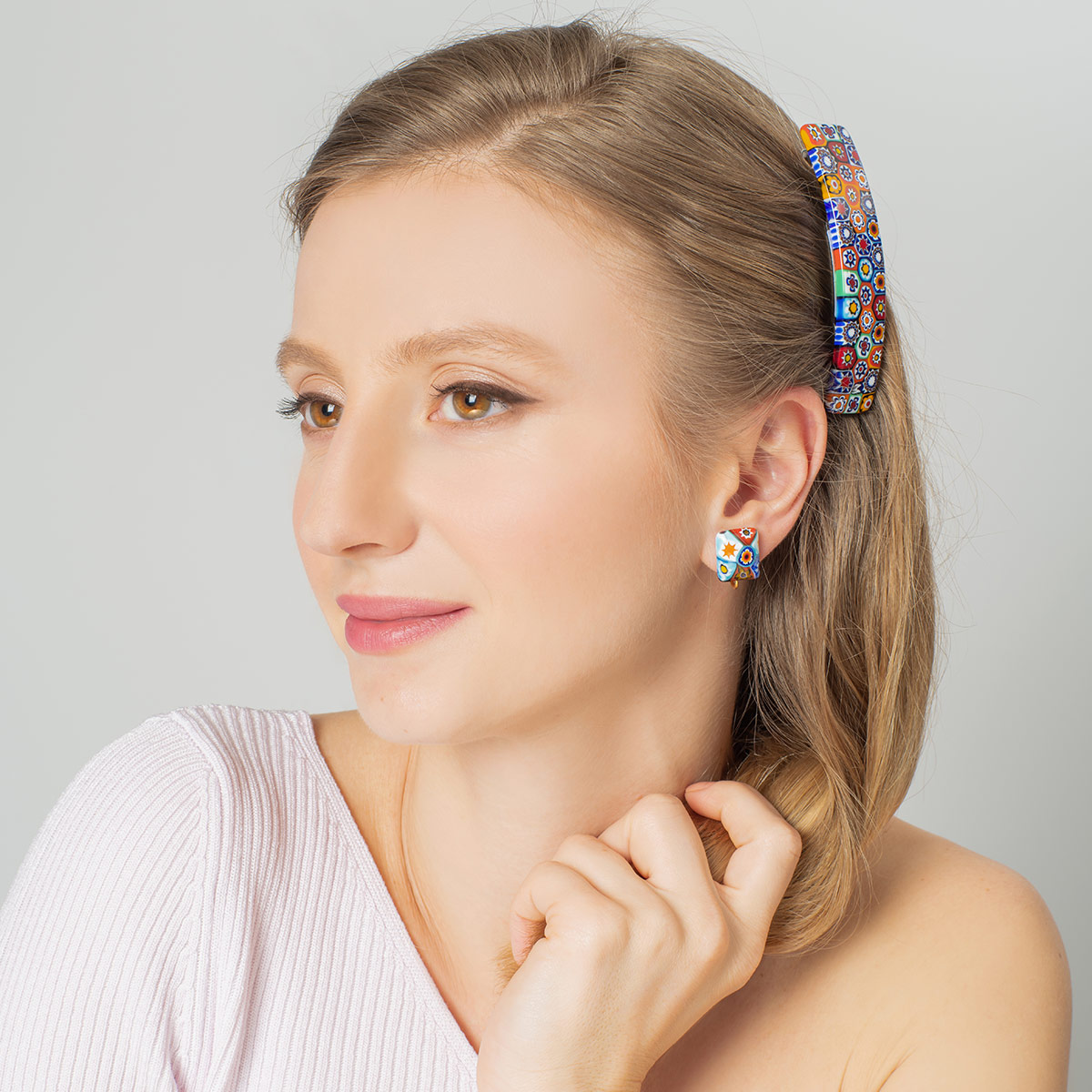 Color Splash Millefiori Rectangular Clip Earrings - Multicolor