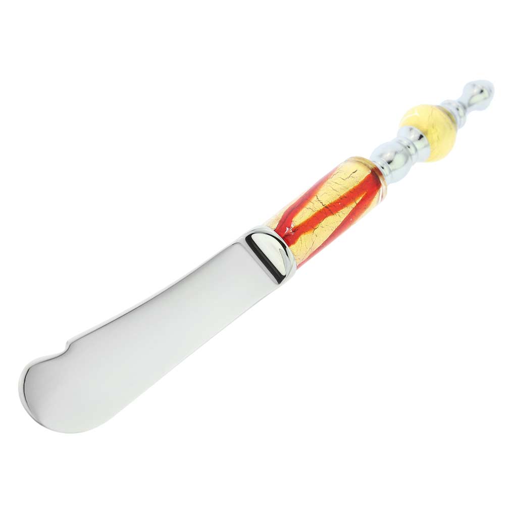 Italian Murano Glass Butter Spreader - Red Gold Waves