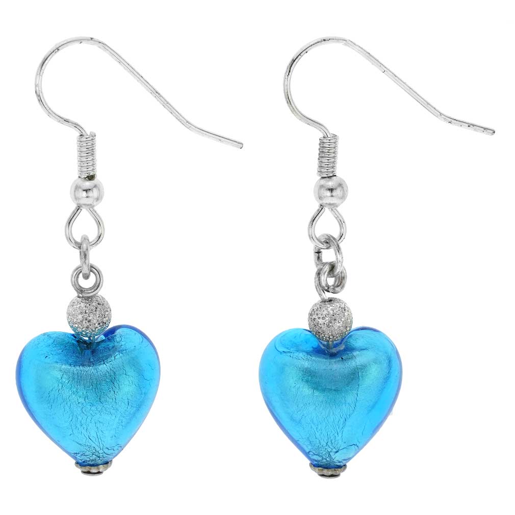 Pretty Murano Glass Heart Drop Earrings Blue Great Gift Valentines