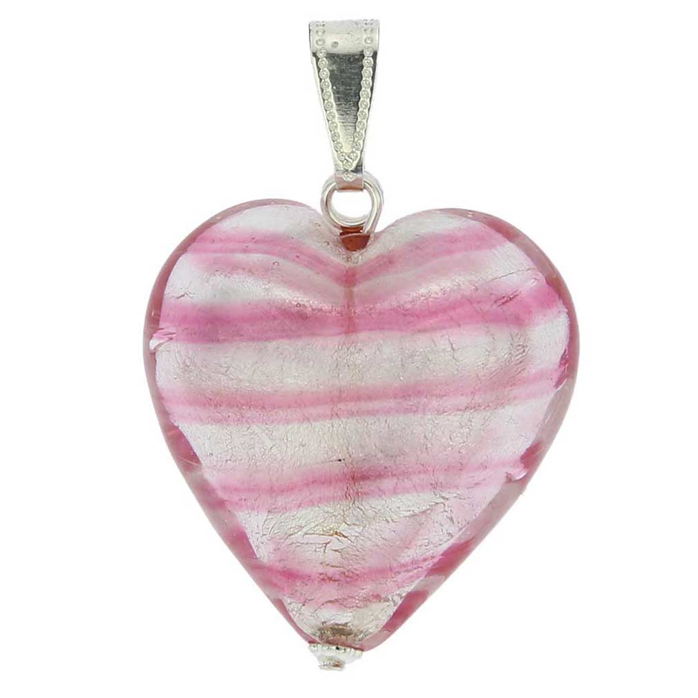 Murano Heart Pendant - Striped Silver Pink