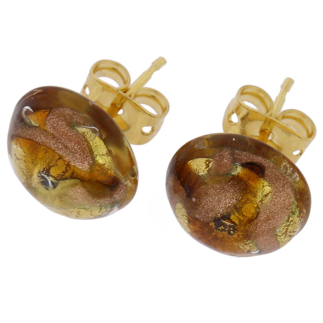Murano Button Stud Earrings - Gold and Topaz