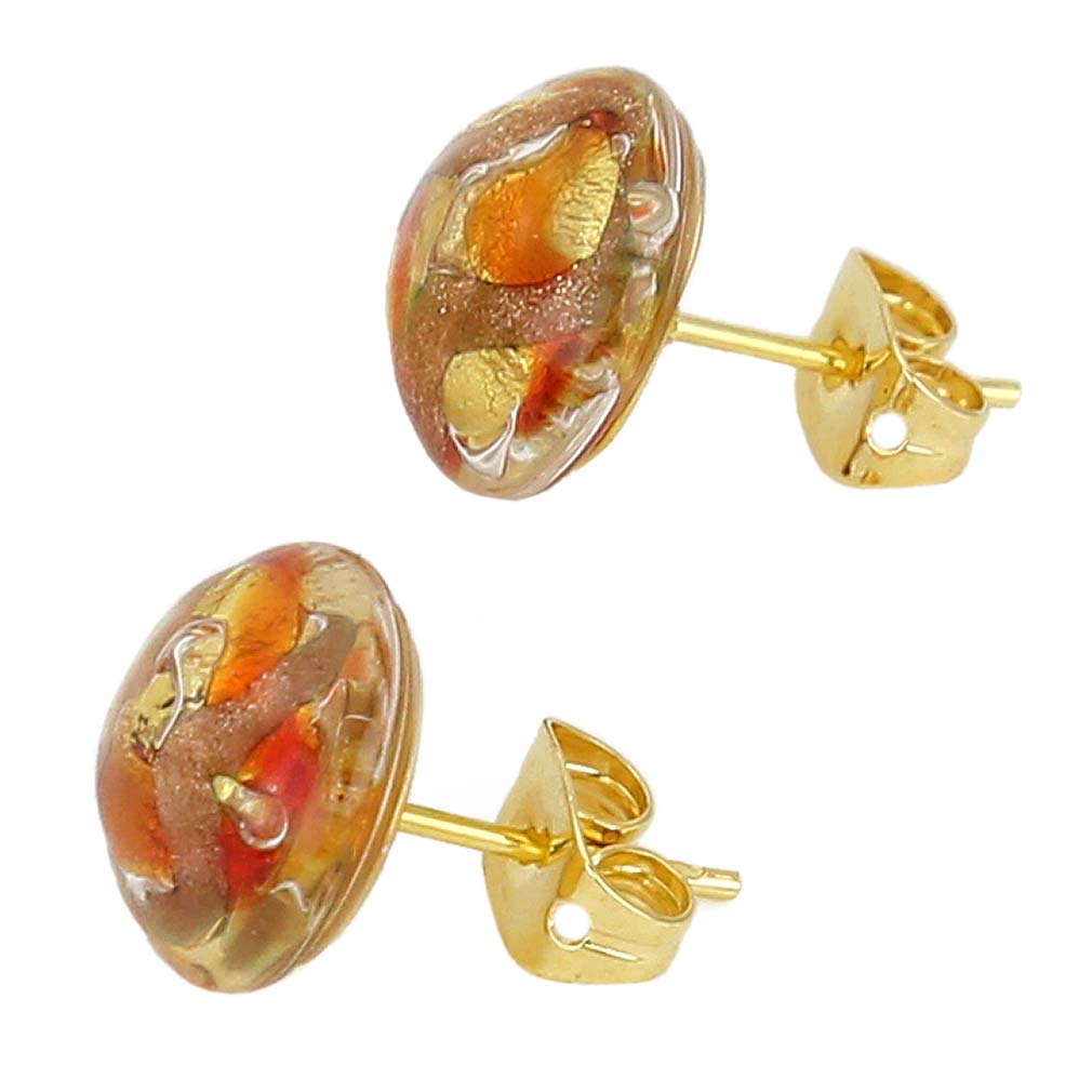 Murano Button Stud Earrings - Gold and Red