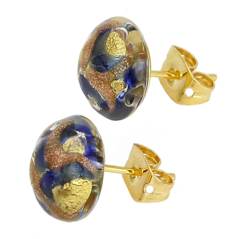 Murano Button Stud Earrings - Gold and Blue