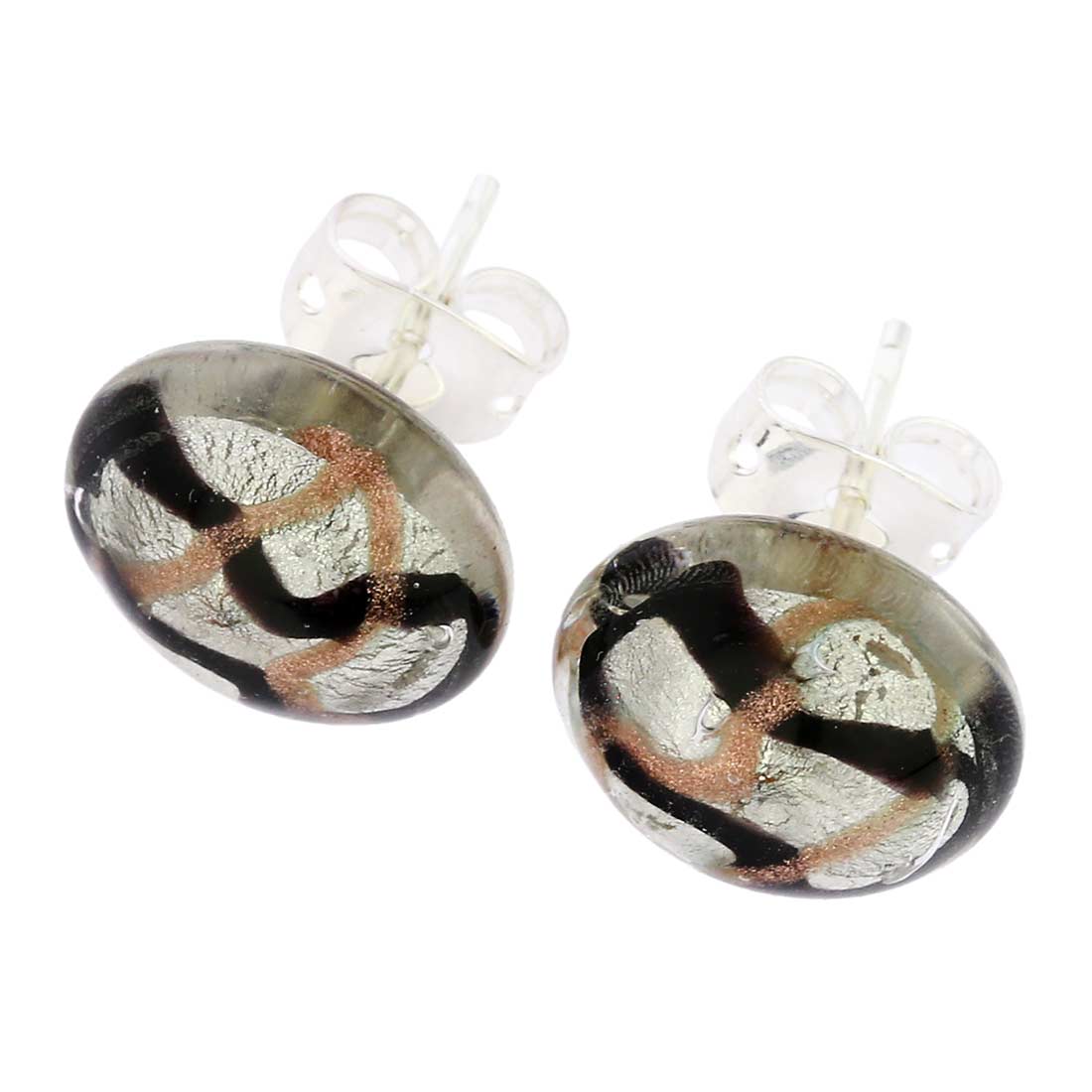 Murano Button Stud Earrings - Black Waves Silver