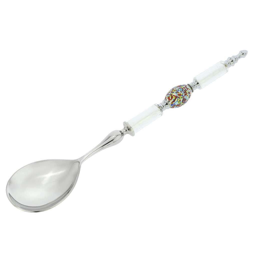 Italian Murano Glass Salad Spoon - Silver White Confetti