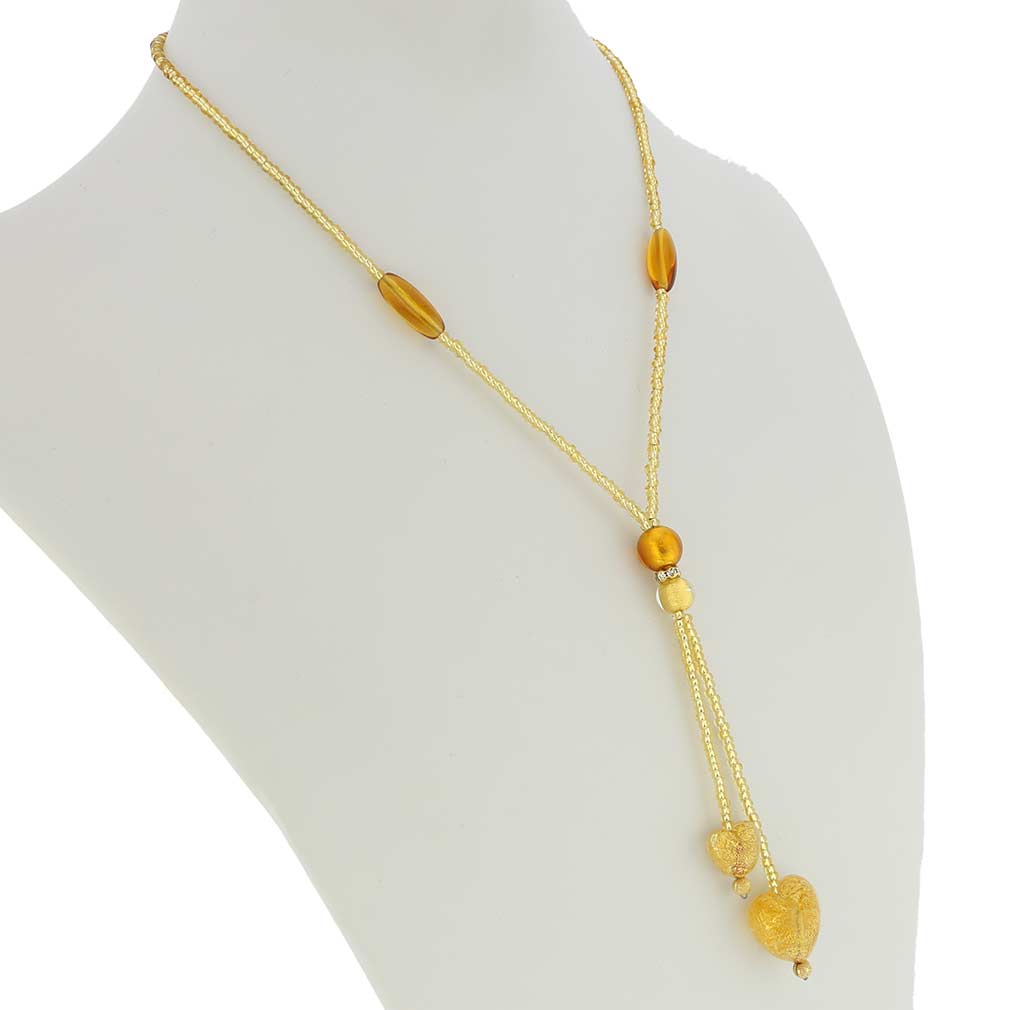 Murano Heart Tie Necklace - Cognac and Gold