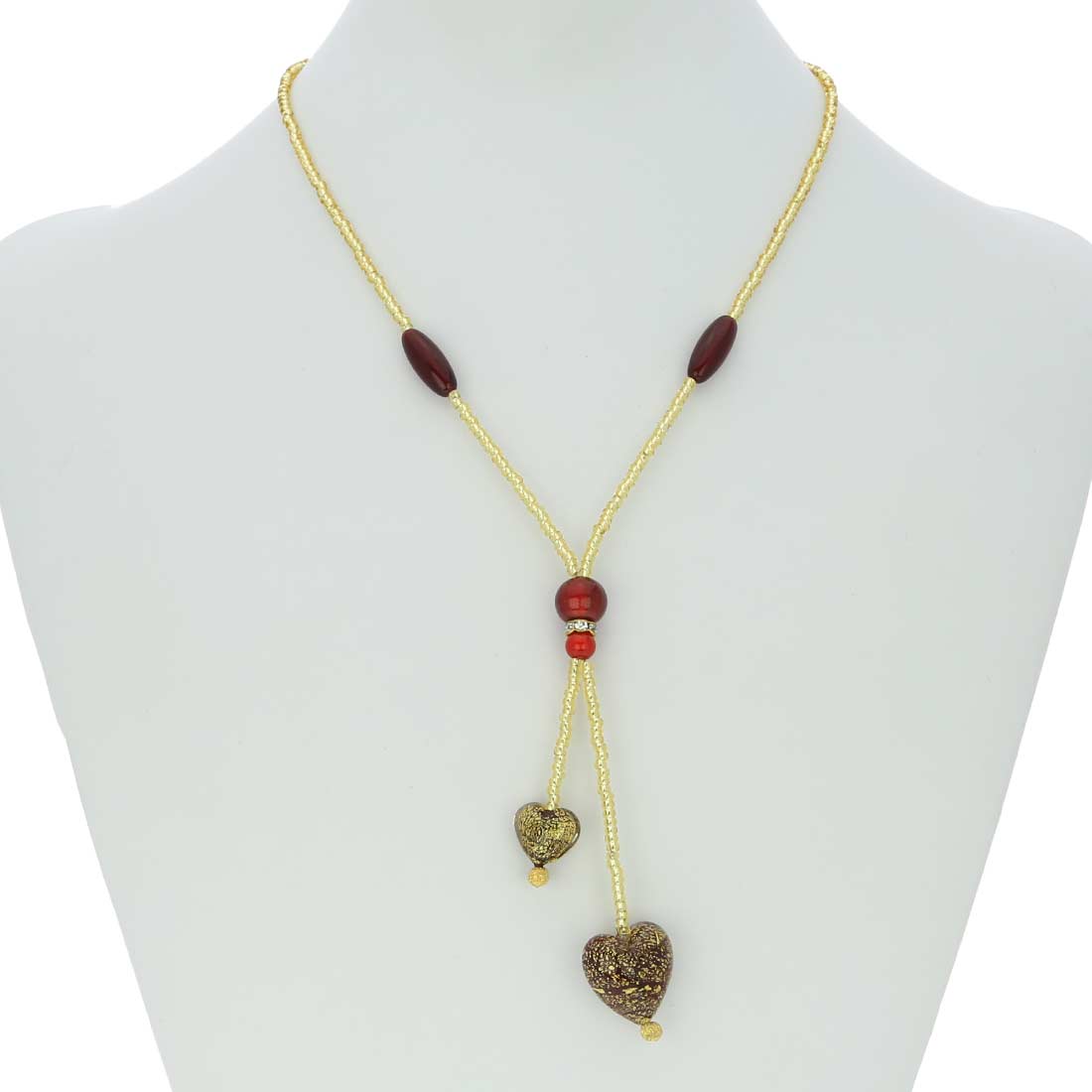Murano Heart Tie Necklace - Ruby Red and Gold