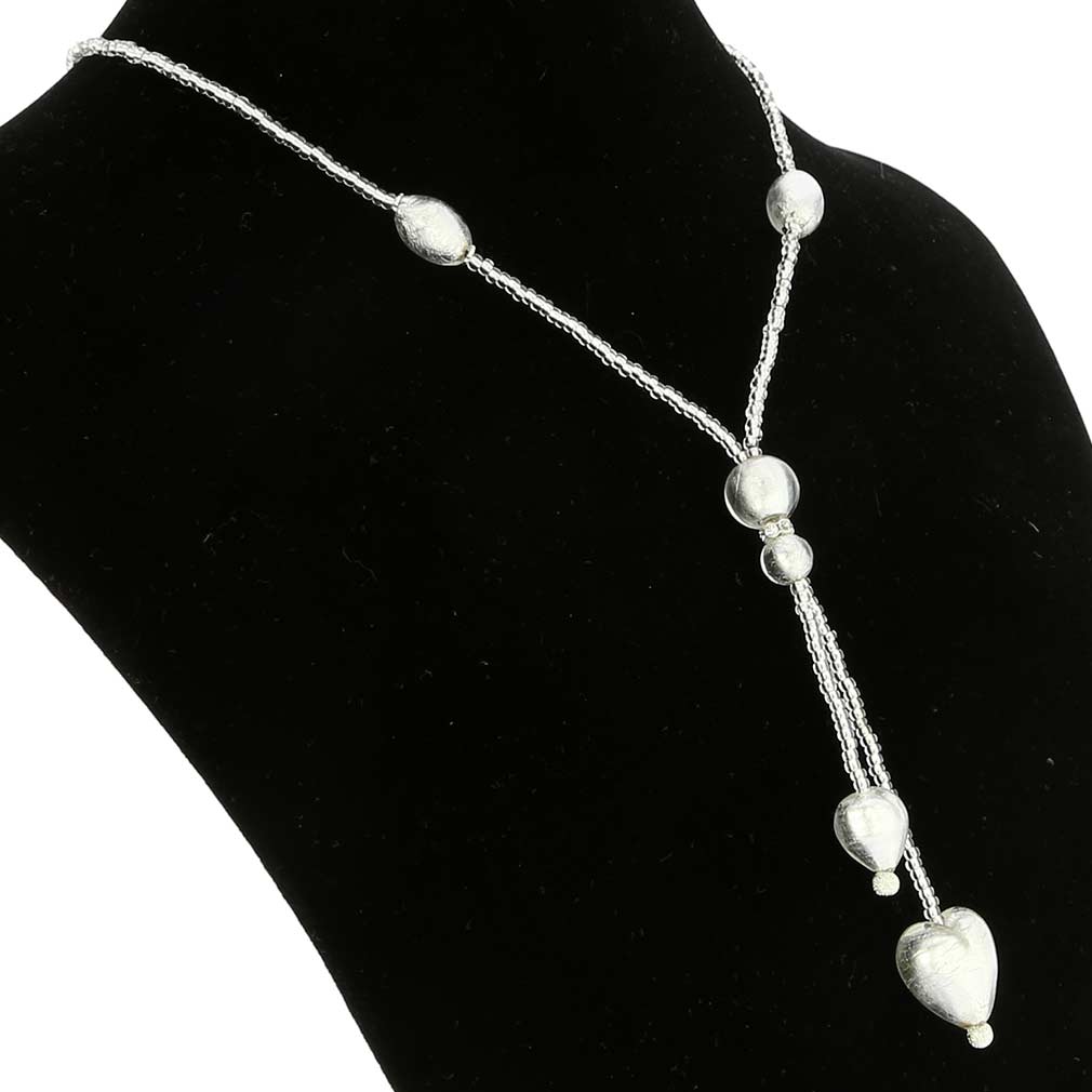 Murano Heart Tie Necklace - Silver White