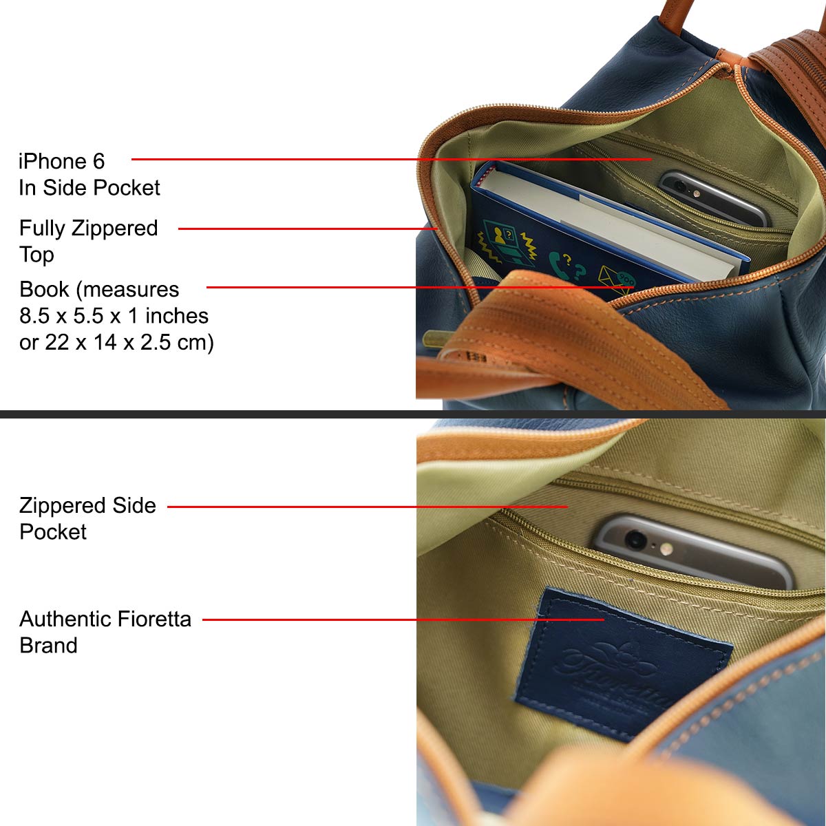 Fioretta Italian Genuine Leather Top Handle Backpack Purse Shoulder Bag Handbag Rucksack For Women - Blue Brown