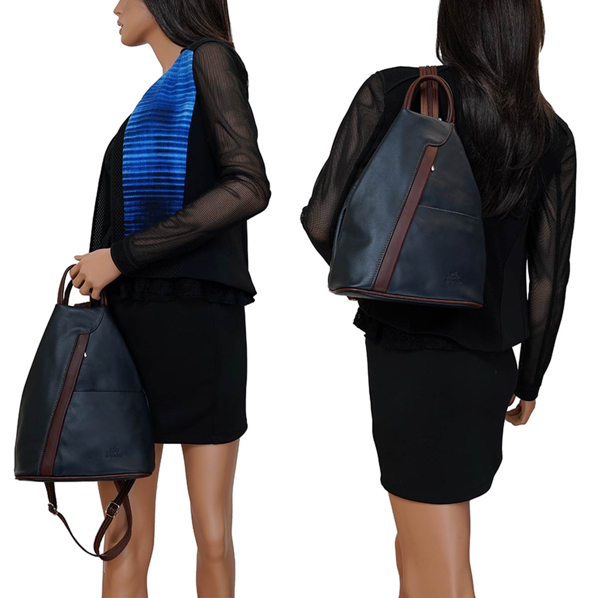 Fioretta Italian Genuine Leather Top Handle Backpack Purse Shoulder Bag Handbag Rucksack For Women - Dark Blue Brown