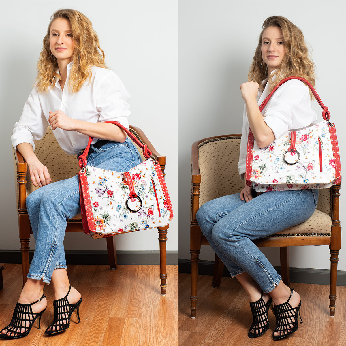 Fioretta Italian Genuine Leather Flower Pattern Zippered Top Tote Shoulder Bag Handbag For Women - Red