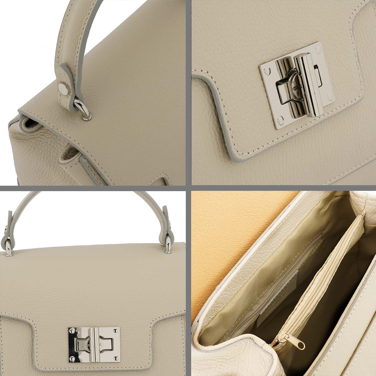 Fioretta Italian Genuine Leather Satchel Top Handle Handbag Purse For Women - Beige