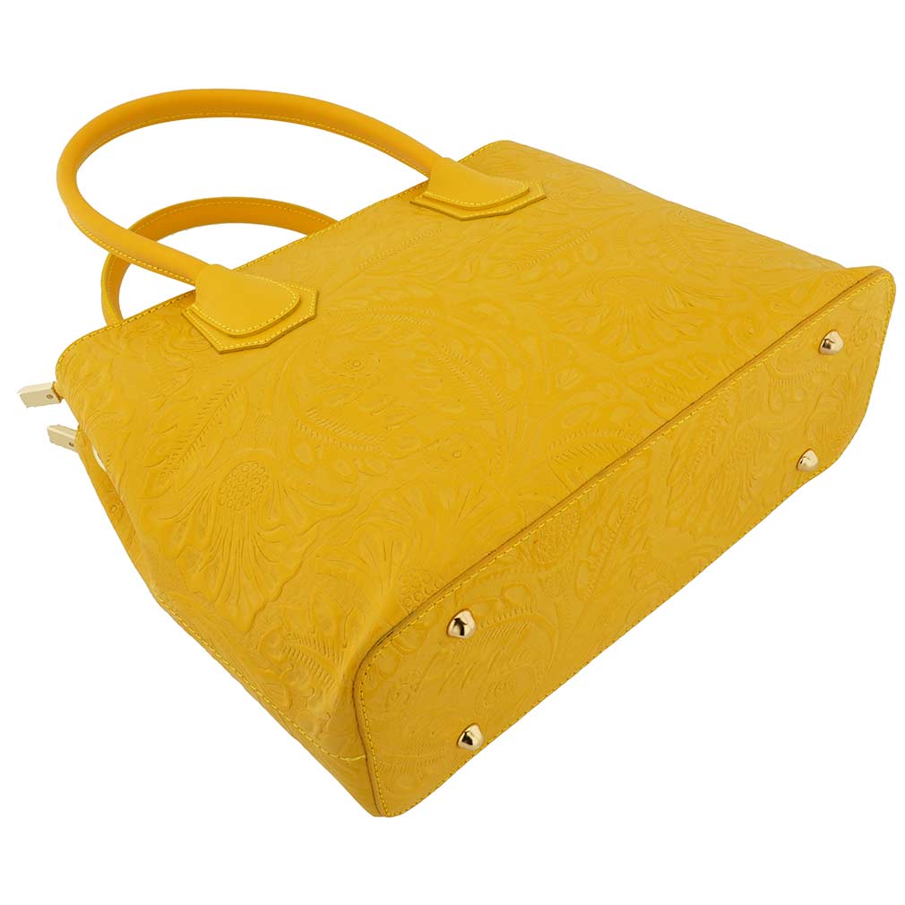 Fioretta Italian Flower Embossed Leather Top Handle Tote Shoulder Bag For Women - Yellow