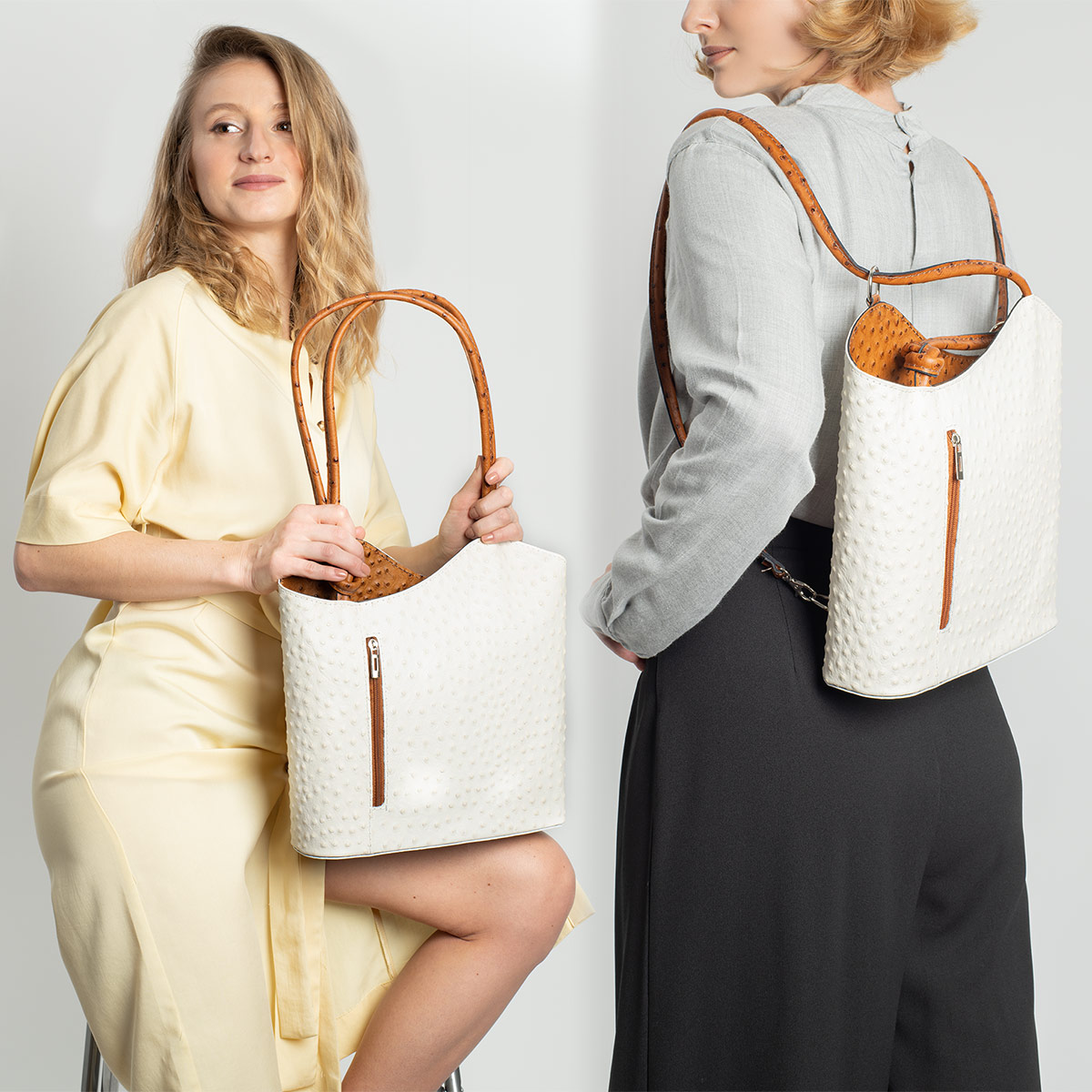 Fioretta Italian Genuine Leather Ostrich Pattern Top Dual Handles Tote Shoulder Bag Backpack Handbag For Women - Beige Brown